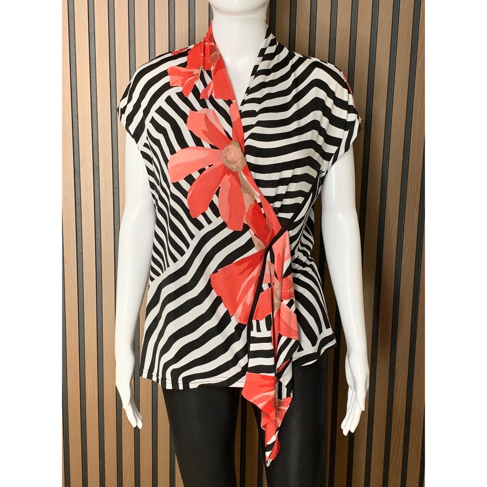 Joseph Ribkoff Women's 14 Black White Striped Red Floral Wrap Blouse Top Artsy